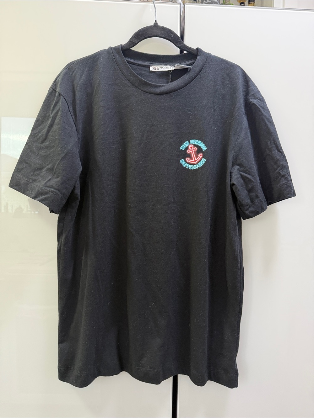 Zara Black Short Sleeve Tee with Red & Teal Anchor Patch